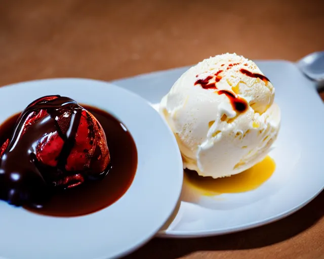 Image similar to dslr food photograph of vanilla ice cream with a crawfish, some chocolate sauce, 8 5 mm f 1. 4