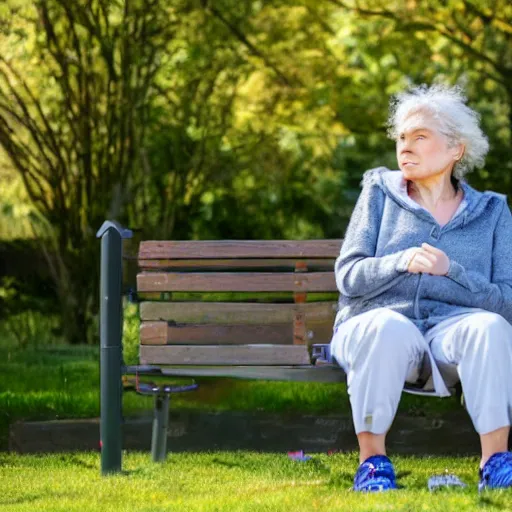 Image similar to an older woman sitting in a park. under her nose is a thin translucent tube connected to an oxygen tank, 4 k,