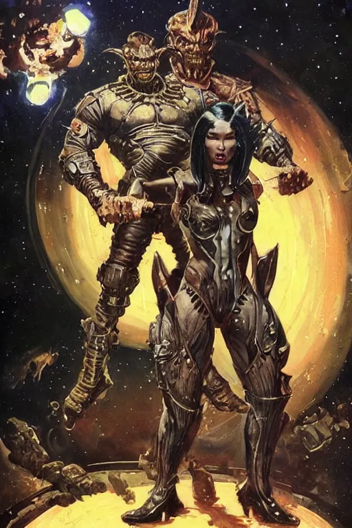 Image similar to full body portrait of rich piana as armoured demon standing beside elegant space woman in latex spacesuit, by norman rockwell, jack kirby, jon berkey, earle bergey, craig mullins, ruan jia, jeremy mann, tom lovell, marvel, astounding stories, 5 0 s pulp illustration, scifi, fantasy, artstation creature concept