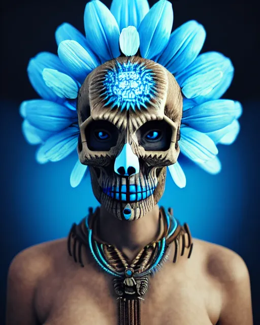 Image similar to hyperrealistic award winning photo of a tribal cyberpunk woman wearing ivory carved skull as helmet with blue and white flowers growing out of the skull by beeple