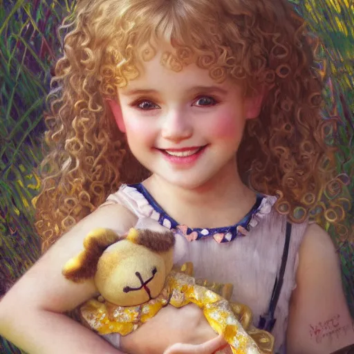 Prompt: a beautiful smiling little [[[[[[blonde toddler]]]]]] girl with short loosely curly hair, at the park on a beautiful day, holding a stuffed giraffe toy, by Artgerm, Mucha Klimt, Hiroshi Yoshida and Craig Mullins, featured on Artstation, CGSociety, Behance HD, Deviantart