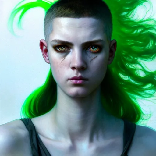 Image similar to portrait painting of a post - apocalyptic bright green haloed bald androgynous teenager with white eyes and green halo, ultra realistic, concept art, intricate details, eerie, highly detailed, photorealistic, octane render, 8 k, unreal engine. art by artgerm and greg rutkowski and charlie bowater and magali villeneuve and alphonse mucha