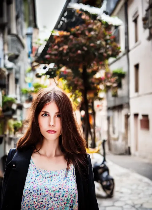 Image similar to color Close-up portrait of a beautiful, stylish, 30-year-old French woman street background, with long, straight hair, street portrait in the style of Mario Testino award winning, Sony a7R