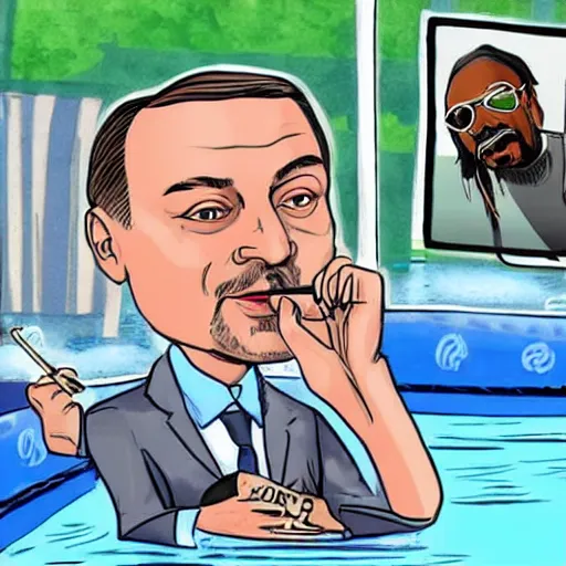Image similar to Andrzej Duda smoking a joint with Snoop Dogg in the swimming pool,Cartoon style