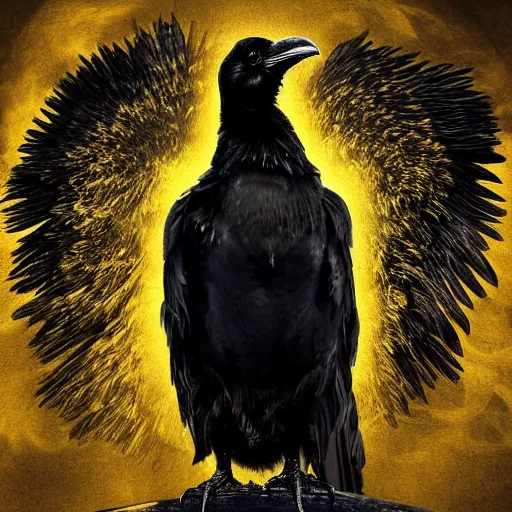 Image similar to anthropomorphic art of a raven wearing a layered yellow coat, holding a black flame, dark, moody, smooth, digital art, high detail, volumetric lighting.