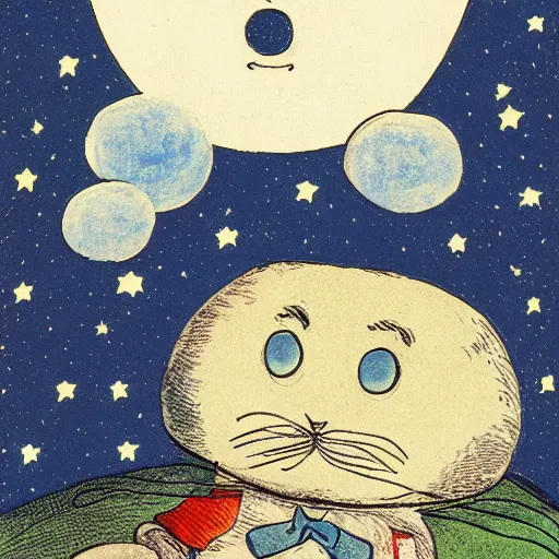 Image similar to night sky, stars, anthropomorphic talking moon with happy eyes prominently in the center, surrounded by clouds, landscape, illustrated by peggy fortnum and beatrix potter and sir john tenniel