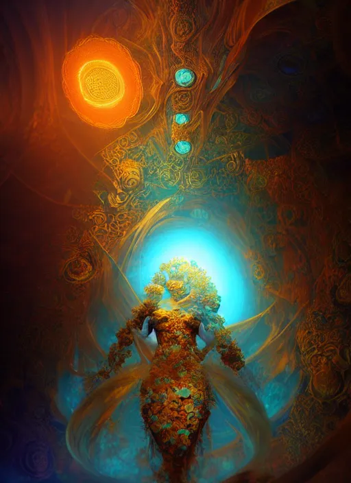 Image similar to flowers within the whole infinite capsule apparent with awe the apparition, an idea seep's into infinity highly detailed in volumetric latent space, golden turquoise steampunk, high contrast cinematic light, mystical shadows, sharp focus, divine realm of gods, octane render, artist by boris vallejo,