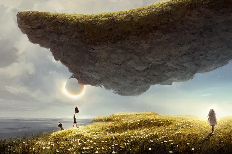 Image similar to giant white daisy flower head, girl walking on cliff, surreal photography, solar eclipse, milky way, dramatic light, impressionist painting, clouds, digital painting, artstation, james gilleard and liam wong and jeremy mann