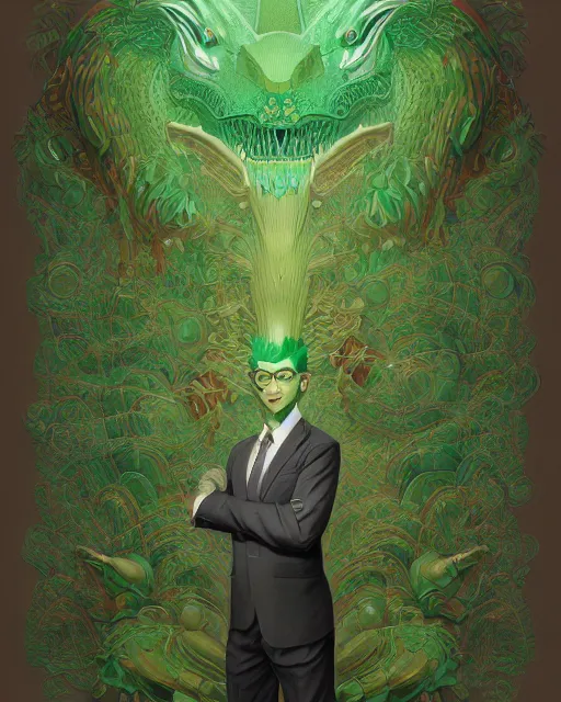 Image similar to anthropomorphic art of a businessman dragon, green dragon, portrait, 1 9 8 0 s business fashion, victo ngai, ryohei hase, artstation. fractal papers, newspaper. stock certificate, highly detailed digital painting, smooth, global illumination, fantasy art, jc leyendecker