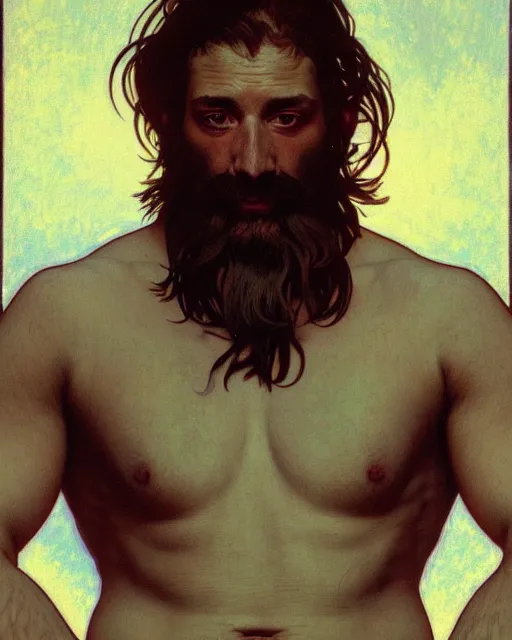 Prompt: a beautifully posed portrait of a shirtless anguished man with a beard and glowing eyes, the essence of fall, twig details, dark retrowave, highly detailed, digital painting, cinematic, hyperrealism, dynamic lighting, art by alphonse mucha and magali villeneuve and artgerm, artstation, octane render, cgsociety