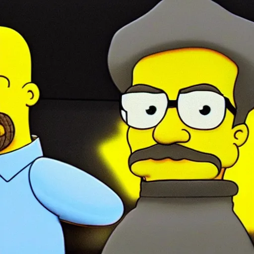 Image similar to Shot of Walter White in the Simpsons stealing radioactive waste from the nuclear power plant