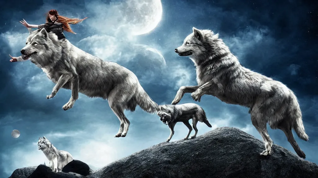 Prompt: Beautiful epic cinematography of David Bowie riding on top of a giant silver wolf, while the wolf is on a giant boulder, with a massive moon in the background at night; high resolution digital art