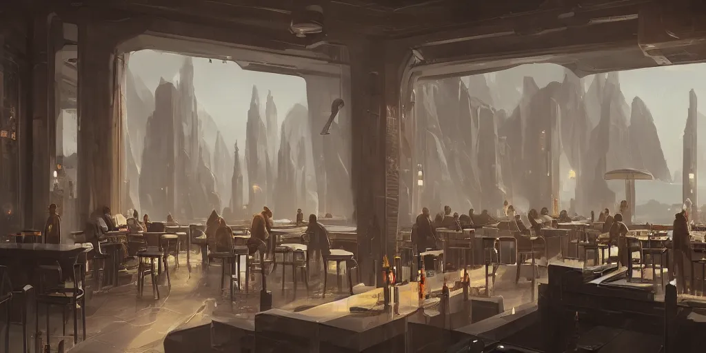 Image similar to science-fiction bar, evening, jazzy, big patio door, luxury, interior design, matte painting, RAPHAEL LACOSTE, greg rutkowski, james gurney, artstation