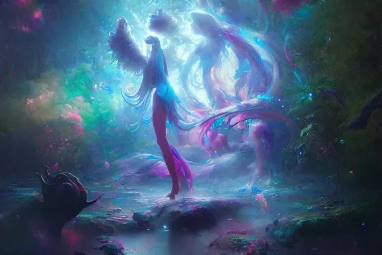 Prompt: a psychedelic realm hidden away in a pocket of ethereal understanding, astral beings sharing love greg rutkowski wlop lisa frank bob ross, ruan jia