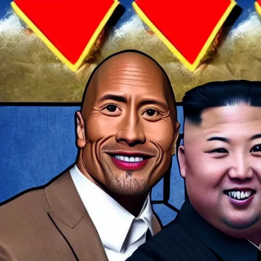 Image similar to dwayne johnson and kim jong - un, selfie, phone photo,