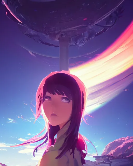 Prompt: portrait of anime girl, beautiful landscape, highly detailed, perfect face, machine planet, alien, glass obelisks, ufo in the sky, colorful light, advanced technology, cinematic lighting, sharp focus, artstation, intricate, masterpiece, art by bastien grivet and darwin cellis and jan urschel