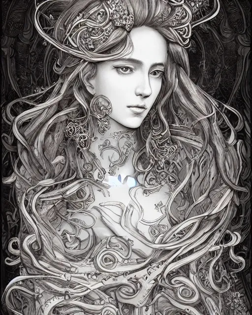 Prompt: portrait of a woman, baroque style, elegant, beautiful, mesmerizing, concept art, intricate linework, detailed and intricate environment, highly detailed, artstation, behance, deviantart, inspired by monstress, sana takeda