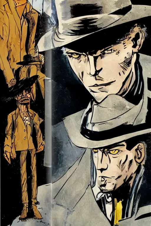 Prompt: sandman dream and corto maltese staring at each other, close up, portraits, comic book cover, art by hugo pratt