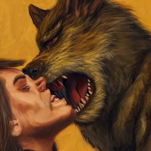 Image similar to oil painting of a werewolf kissing another werewolf, detailed, 4k, fantasy