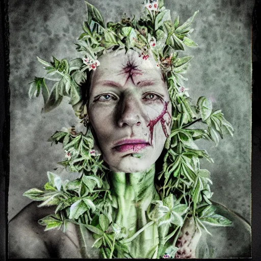 Image similar to a beautiful detailed front view portrait of a rotten woman corpse with fractal plants and fractal flowers growing around, volumetric light, beautiful lit, polaroid photography