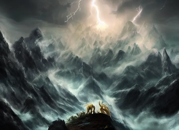 Image similar to digital art, trending on artstation, unicorn fighting a dragon, storm, mountains in the background, foggy, high details