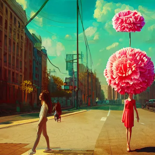 Image similar to giant carnation flower head, woman walking in a modern city, surreal photography, dramatic light, impressionist painting, digital painting, artstation, simon stalenhag