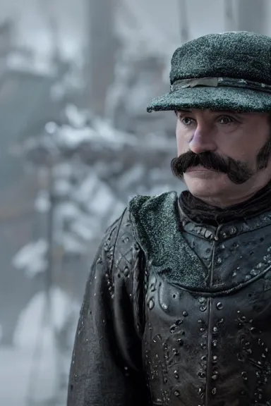 Image similar to very very intricate photorealistic photo of a realistic human version of luigi wearing his hat in an episode of game of thrones, photo is in focus with detailed atmospheric lighting, award - winning details