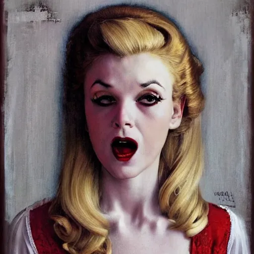 Prompt: beautiful blonde female VAMPIRE portrait, norman rockwell, craig mulins, trending on pxiv, scary