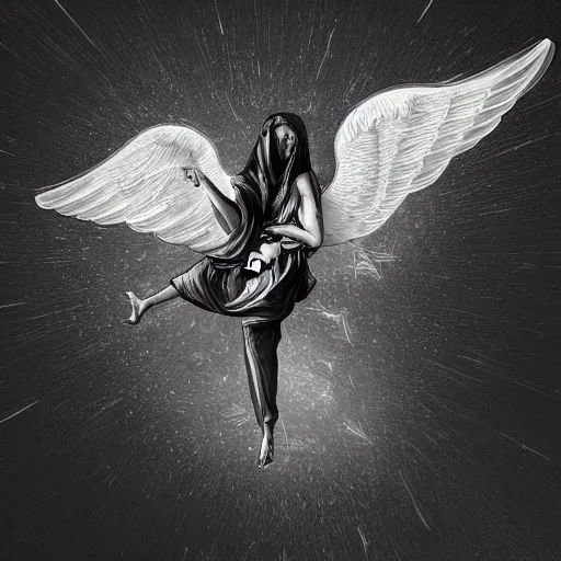 Image similar to top view of an angel falling down heaven, digital art
