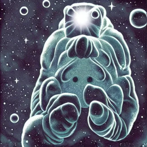 Image similar to the cosmic transcendent tardigrade that greets you at the end of all of space and time, by ansel adams and gerard brom