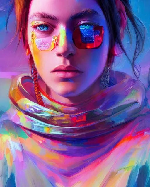 Image similar to colorful portrait of a brunette hippie, but set in the future 2 1 5 0 | highly detailed | very intricate | symmetrical | professional model | cinematic lighting | award - winning | painted by mandy jurgens | pan futurism, dystopian, bold psychedelic colors, cyberpunk, anime aesthestic | featured on artstation