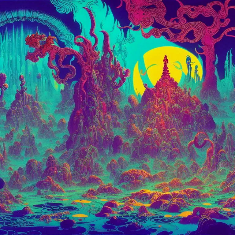 Image similar to interior mythical crystal temple, dog and rabbit silhouettes, psychedelic waves, synthwave, bright neon colors, highly detailed, cinematic, eyvind earle, tim white, philippe druillet, roger dean, ernst haeckel, lisa frank, aubrey beardsley, kubrick