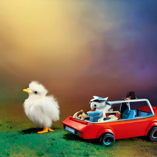 Image similar to long shot of a cute fluffy furry chick nesting in a playmobil car, by esao andrews, by m. w. kaluta, humorous illustration, hyperrealistic, tilt shift, warm colors, night scenery, low light, 3 d octane render, 4 k, volumetric lights, smooth, cosy atmosphere, conceptart, hyperdetailed, trending on deviantart