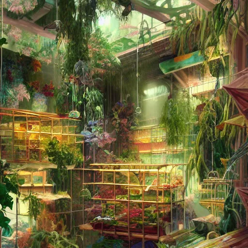 Image similar to messy cozy store with cluttered hanging cages and bright aquariums, dense verdant foliage, dim painterly lighting, impasto, trending on pixiv