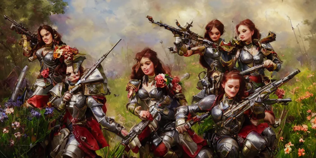 Prompt: warhammer battle sisters aiming their rifles at a bouquet of flowers. by Daniel F. Gerhartz, hyperrealistic oil painting, 4k, studio lightning, very detailed, rtx on