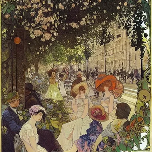 Prompt: people sit outside a a parisian cafe. there are bubbles in the air and a laburnum tree in bloom is in the foreground and it is a sunny afternoon, painted by mucha