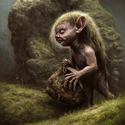 Image similar to portrait of a small goblin crawling out of a hovel on a hill side carrying a sack of body parts over his shoulder. art by tomasz alen kopera.