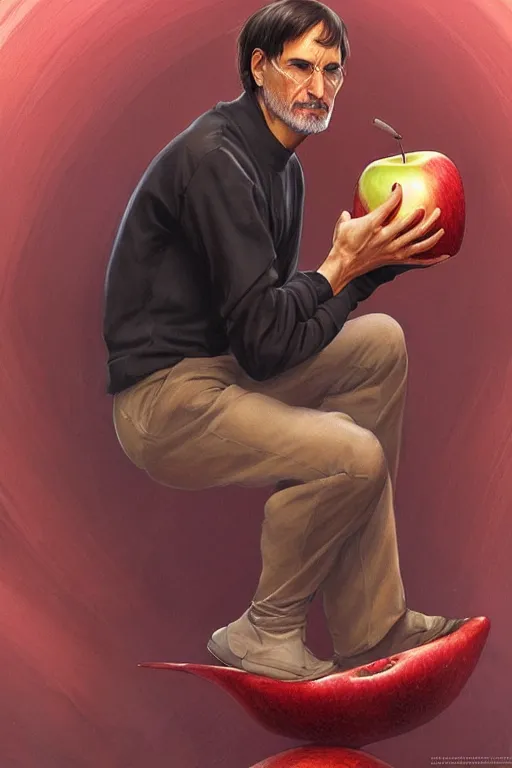 Image similar to ultra realistic illustration, steve jobs sitting on a giant apple, sci - fi, fantasy, intricate, elegant, highly detailed, digital painting, artstation, concept art, smooth, sharp focus, illustration, art by artgerm and greg rutkowski and alphonse mucha