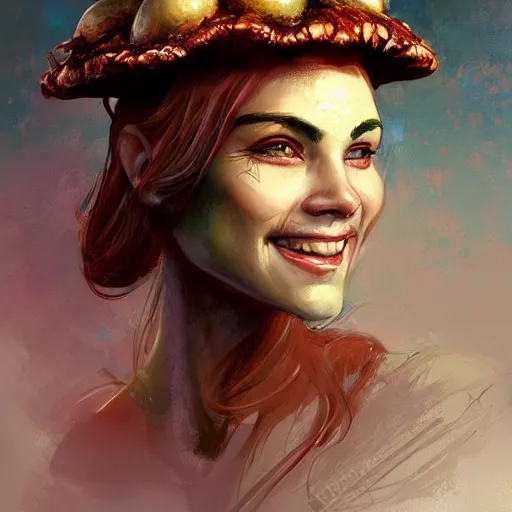 Image similar to doomguy as an attractive young smiling woman wearing a mushroom crown, face portrait, hd shot, digital portrait, beautiful, fantasy art, artstation, comic style, by artgerm, guy denning, jakub rozalski, magali villeneuve and charlie bowater