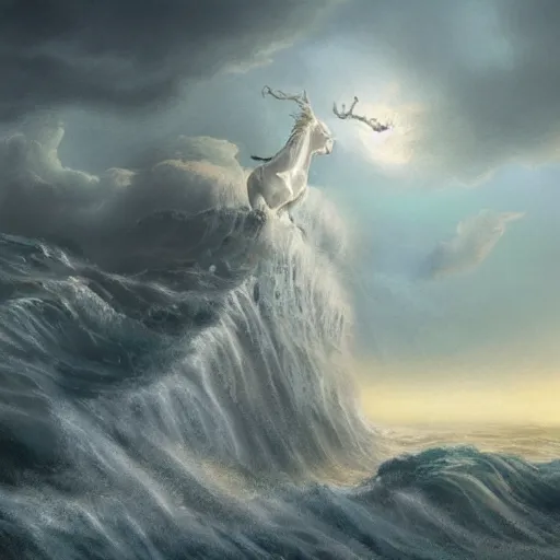 Prompt: a matte painting of a marble, cracking Poseidon riding up from a stormy sea at sunset