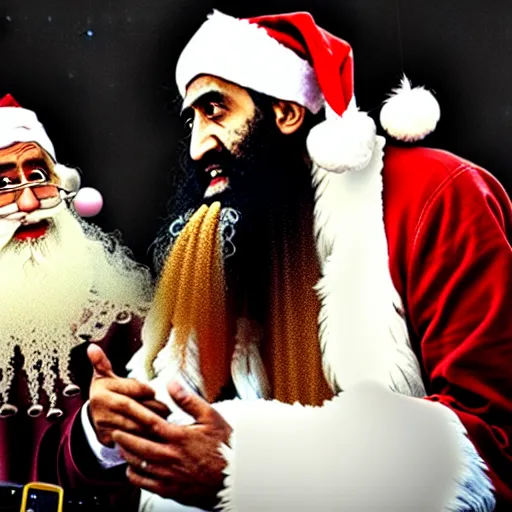 Image similar to uhd candid photo of bin laden and santa claus on skid row, making a dirty bomb. correct faces, intricate details, hyperdetailed, accurate faces. photo by annie leibowitz