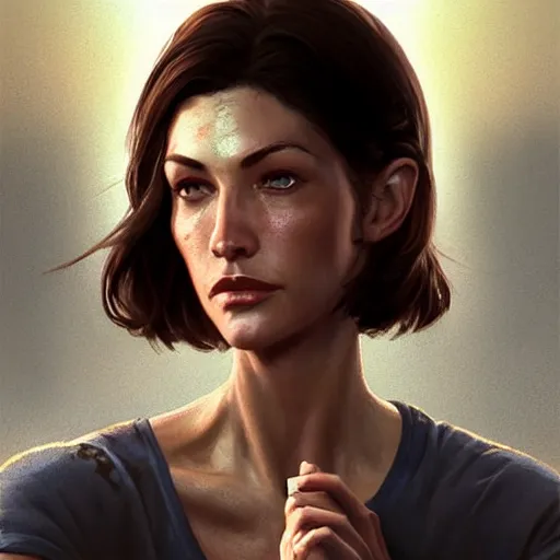 Prompt: portrait of a brunette thin woman with blue eyes in fallout 4, light stubble with red shirt, praying to god ,digital art,photorealistoc,art by greg rutkowski,hyperdetailed,western comic style,comic,comic style,sharp lineart,professional lighting,deviantart,artstation,trevor henderson,rossdtaws,cinematic,dramatic