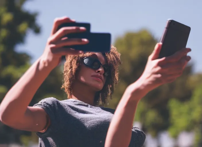 Image similar to photo still of a bronze statue of a person using an iphone to take a selfie, park on a bright sunny day, 8 k 8 5 mm f 1 6