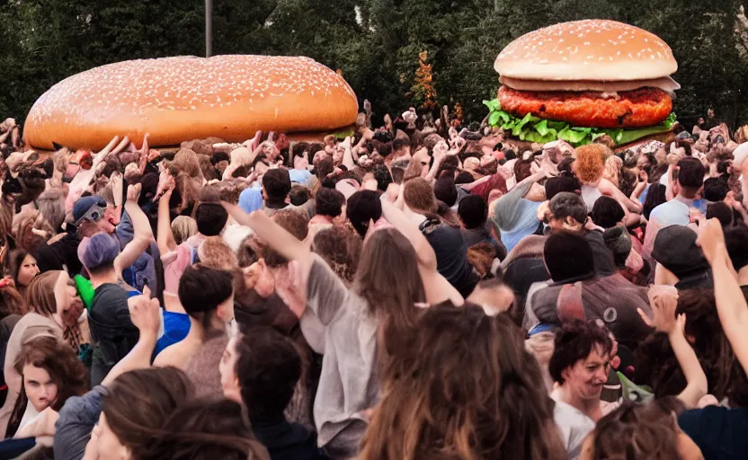 Image similar to a crowd of people dancing in a party around a giant hamburger,