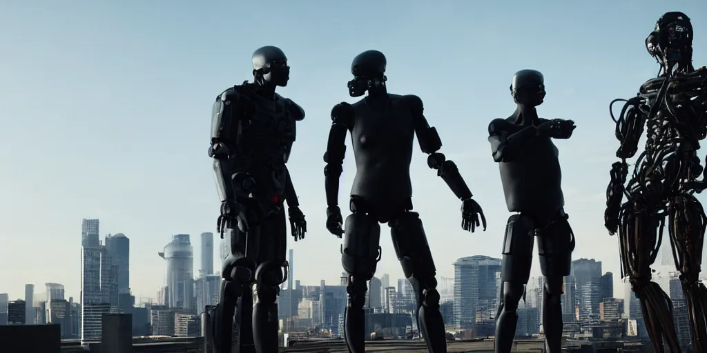 Prompt: cyberpunk buff old man stand-off with Deadcode humanoid robot on a rooftop by Roger Deakins