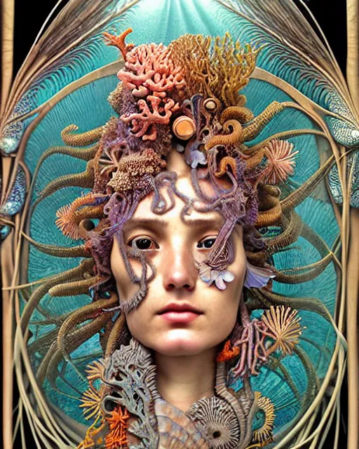 Prompt: hyperrealistic detailed underwater face portrait of the beautiful goddess of the fish skeletons with an intricate headgear of corals, sea kelp, sea plants, fish, starfish, jellyfish, art by ernst haeckel, john william godward, android jones, alphonso mucha, h. r. giger, gothic - cyberpunk, ornamental, beautiful deep colours,