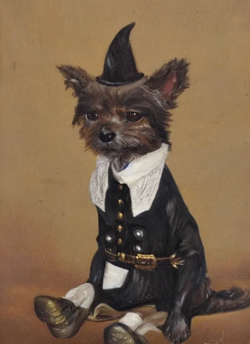 Prompt: an oil portrait of a little dog dressed as a 1 9 th century german general