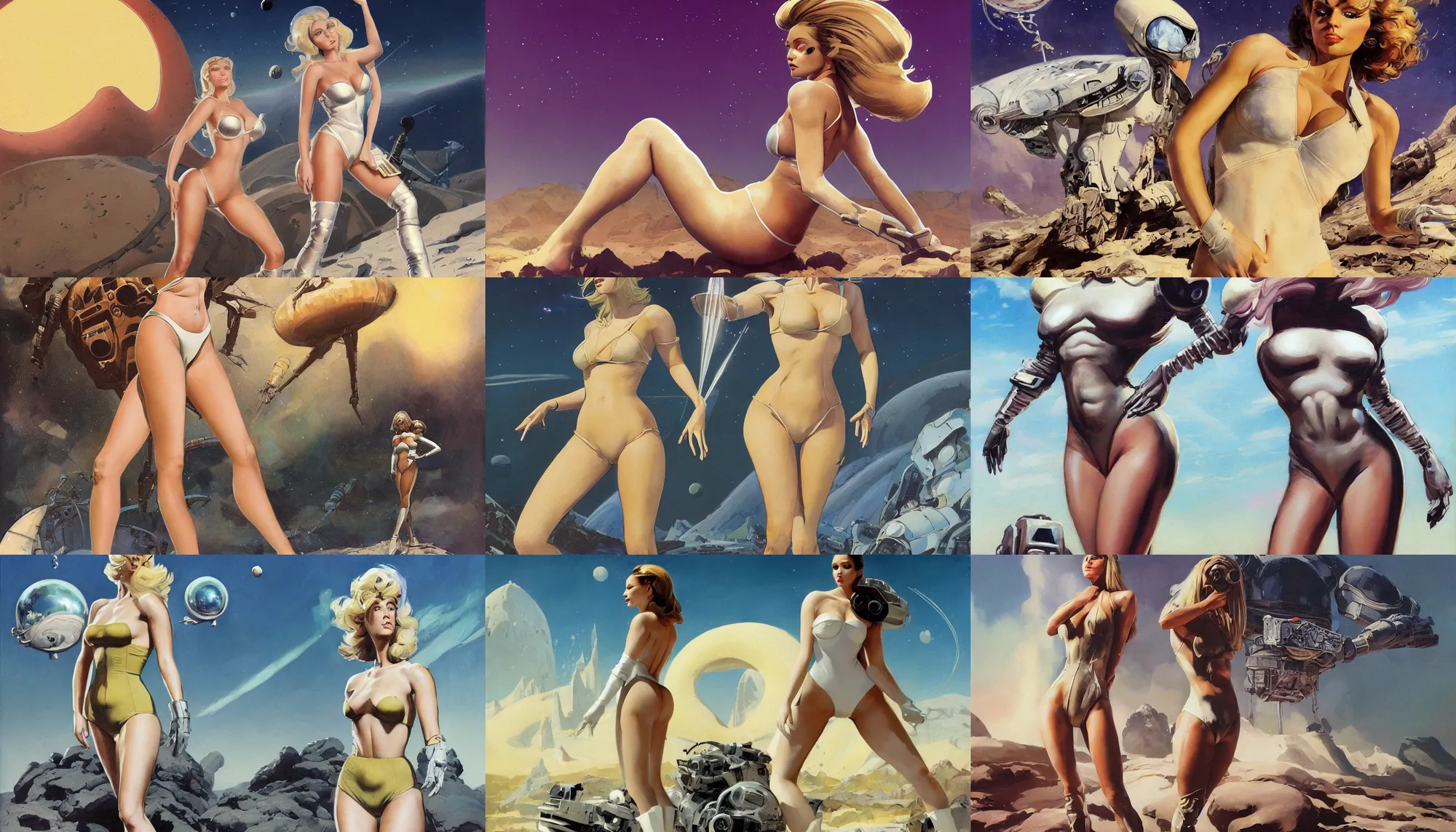 Prompt: A mixed media portrait painting of a beautiful blonde brunette woman exploring an alien planet, very curvy, aesthetic! high-waisted white-bikini-armor and boots, aesthetic symmetrical face and eyes, model, Scandinavian, wet, discarded mechsuit in background, by Frank Frazetta, Boris Vallejo, Beeple, Greg Rutkowski, Christian MacNevin, epic fantasy character art, high fantasy, CGsociety, exquisite detail, post-processing, masterpiece, cinematic