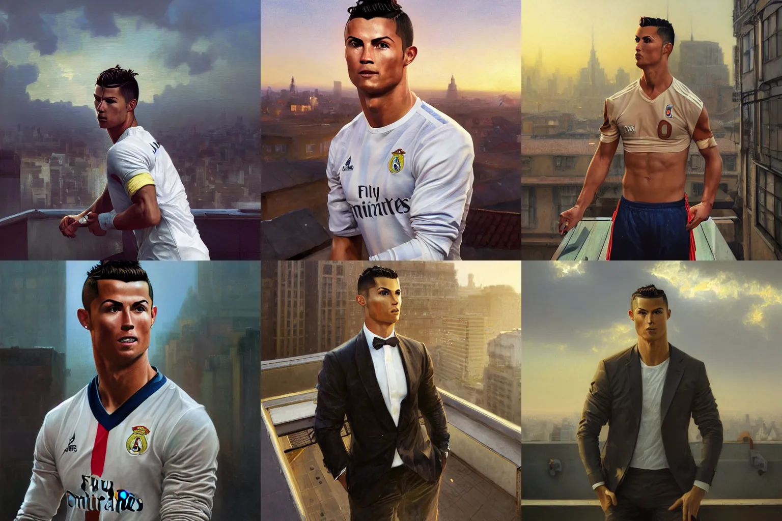 Prompt: A digital painting of a portrait of Cristiano Ronaldo alone on a rooftop during Golden Hour. masterpiece 4k digital illustration by Ruan Jia and Mandy Jurgens and Artgerm and greg rutkowski and Alexander Tsaruk and WLOP and william-adolphe bouguereau, marvel comics, dark, intricate, highly detailed, smooth, artstation, digital illustration by Ruan Jia and Mandy Jurgens and Artgerm and Wayne Barlowe and Greg Rutkowski and Frank Frazetta , award winning, Artstation, art nouveau aesthetic, Alphonse Mucha background, intricate details, realistic, panoramic view, Hyperdetailed, 8k resolution, intricate art nouveau