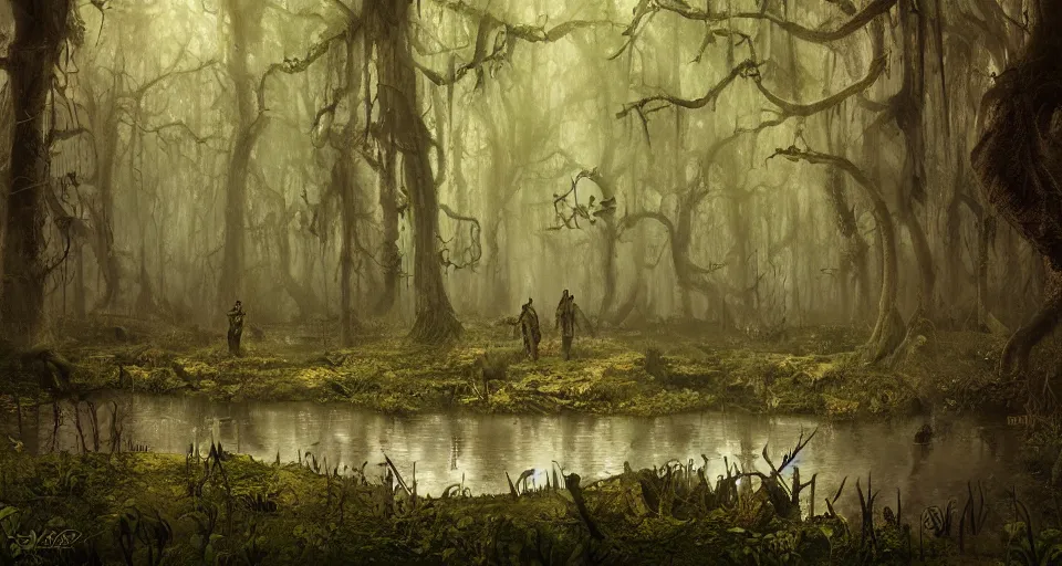 Image similar to A dense and dark enchanted forest with a swamp, by Marc Simonetti